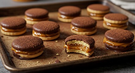 Sweet Bite: A close-up shot of a delicious collection of alfajores, traditional sweet dessert, showing their layered composition, showcasing the textures and tempting the viewer's appetite.