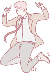 A joyful young man in a beige suit jumps excitedly, expressing his enthusiasm for a special occasion