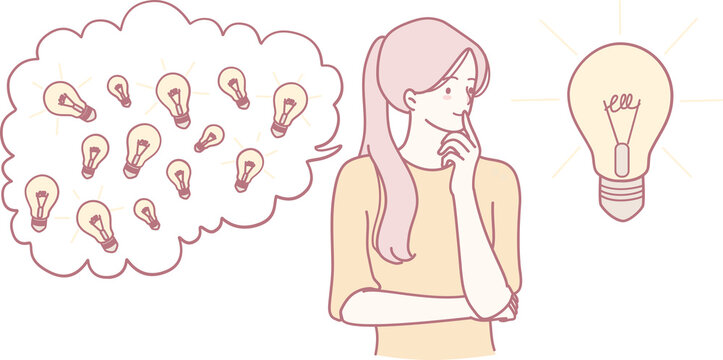 An illustration of a woman deep in thought, inspired by lightbulbs symbolizing creativity and inspiration