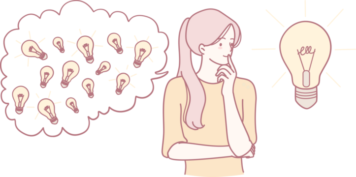 An illustration of a woman deep in thought, inspired by lightbulbs symbolizing creativity and inspiration