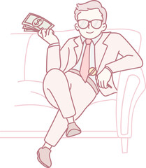 A confident man in a tailored suit relaxes on a stylish couch, showcasing his success with piles of money