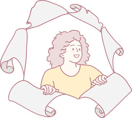 A cheerful individual surrounded by a variety of colorful scrolls, representing creativity and innovative ideas