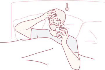 A man is feeling unwell while lying in bed, holding a thermometer and some medication, showing signs of illness