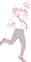 An animated illustration showcases a businessman who is energetically promoting a dynamic message using a megaphone