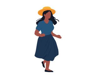 Flat vector of African woman walking gracefully, wearing a wide-brimmed hat and a dress. Suitable for fashion, lifestyle, summer, or cultural themes