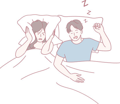 An engaging illustration of a couple in bed together, showcasing the challenges that snoring poses to sleep quality