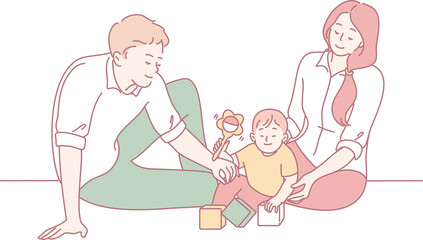 A heartwarming and joyful family scene where parents are happily engaging in playful activities with their toddler