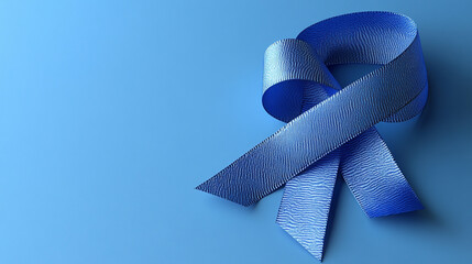 Blue ribbon on blue background symbolizes awareness