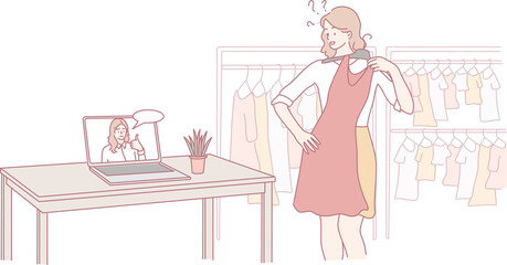 A woman is utilizing a virtual dressing room to try on various clothes with the help of an online fashion advisor
