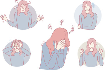 Illustration depicting various emotional states of a woman, showcasing joy, frustration, and sadness.