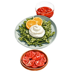 A food arrangement featuring arugula with cream and orange slices, a bowl of sliced tomatoes, and a glass bowl of red sauce on a transparent background.