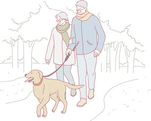 A serene and beautiful scene of a couple happily walking their beloved golden retriever in a picturesque park