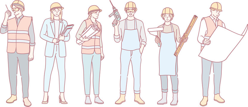 An illustration showcasing construction workers who represent various roles and essential tools within the industry