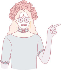 A whimsical character with a skull face, flowers, and an elegant outfit, embodying Dia de los Muertos.