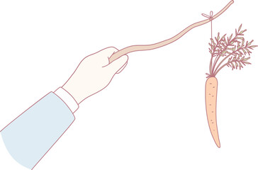 A delightful and whimsical illustration of a hand firmly gripping a carrot that is playfully dangling from a stick