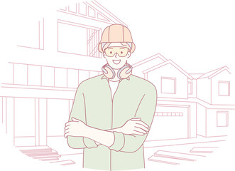 An illustration featuring a construction worker equipped with safety gear set against a backdrop of a modern house