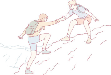 This illustration perfectly captures the essence of friendship and teamwork during a challenging climb together