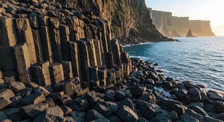 A fractured basalt column formation by ocean cliff