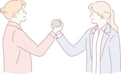 A dynamic illustration of two strong women arm wrestling, symbolizing empowerment and collaboration among women