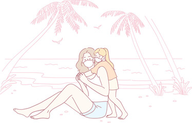 A heartwarming moment between a loving mother and her joyful daughter on a beautiful beach, filled with happiness