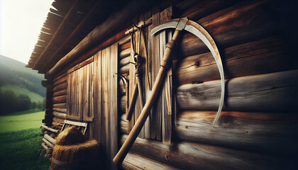 A traditional sickle hanging on a barn wall made of weathered wood in a rural countryside scene.