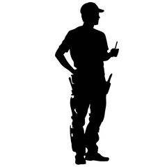 black silhouette of a soldier with tools on a transparent background black, man, silhouette, soldier, stand, tool , Generative art.