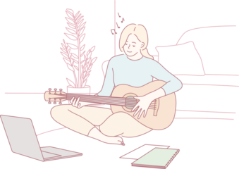In her cozy home, a woman joyfully plays her guitar while being inspired by various online digital learning resources