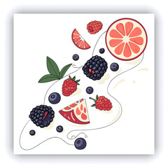 3D illustration of a water splash on a white background. The render showcases an abstract liquid glass wave ribbon with a clear effect, along with a fluid flow featuring a red gradient. Strawber