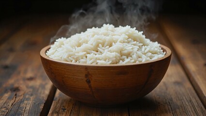 Rustic wooden bowl filled with fluffy steamed white rice on a textured surface