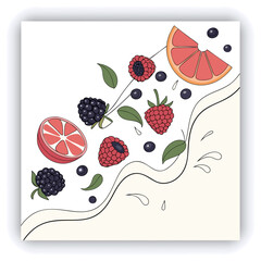 3D illustration of a water splash on a white background. The render showcases an abstract liquid glass wave ribbon with a clear effect, along with a fluid flow featuring a red gradient. Strawber