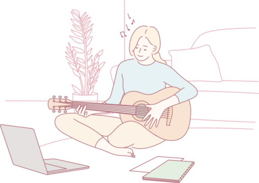 In her cozy home, a woman joyfully plays her guitar while being inspired by various online digital learning resources