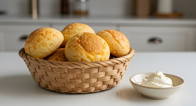 A woven palm basket of p&atilde;o de queijo with requeij&atilde;o on a kitchen table