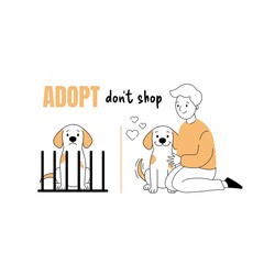 Boy adopts shelter dog – flat vector illustration of compassion and ethical pet rescue