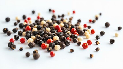 Mix of black, white, and red peppercorns scattered on a clean white background