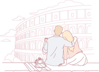A couple lovingly embraces each other at the iconic Colosseum, capturing a moment of romance in a beautiful setting