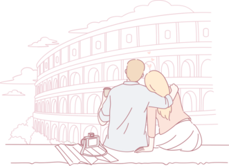 A couple lovingly embraces each other at the iconic Colosseum, capturing a moment of romance in a beautiful setting
