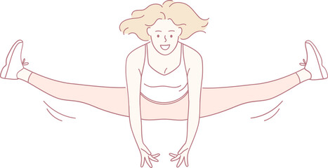 An energetic and animated portrayal of a woman joyfully performing an impressive split jump with enthusiasm