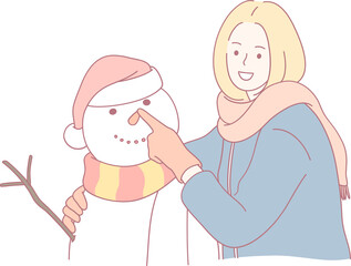 A joyful and cheerful interaction between a friendly person and a delightful snowman in a snowy winter setting