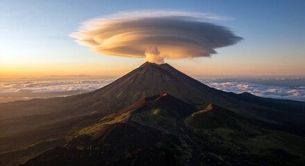 Fototapeta premium Volcanic mountain with lenticular cloud formation at sunset 