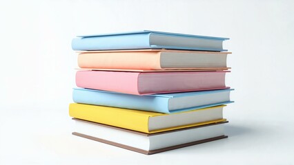 Colorful stack of books in pink, blue, and yellow on a white background