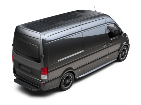 Modern fictional gray luxury cargo van rear right side corner high angle view from above, isolated on white or transparent background