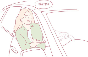 A woman is engaging in an animated conversation from her car window, illustrating a lively and dynamic interaction