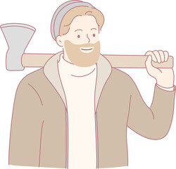 A cheerful man joyfully carrying an axe represents the spirit of outdoor adventure and a rustic lifestyle