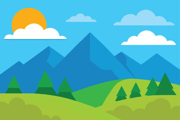 Fototapeta premium Scenic mountain view with peaks trees and blue sky nature vector illustration.