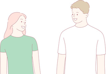 Two young adults are smiling brightly and engaging in a warm and friendly conversation with each other