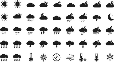 Weather Icons Set: Sun Cloud Rain Snow Wind Temperature Lightning Nigh