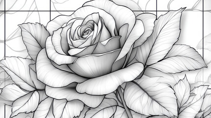 A black-and-white mandala featuring a rose at its center, designed with thick lines for adult coloring and soft greyscale tones suitable for children...