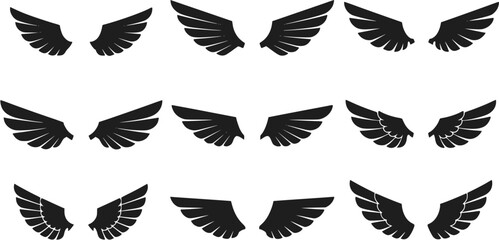 12 Black Wing Icons Vector Set Silhouette Bird Wings Graphic Design El