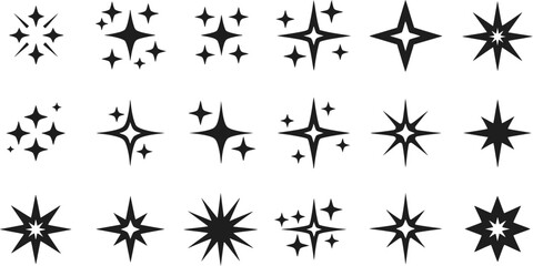 Sparkling Stars Icons Set: 18 Black Starburst Glitter Shine Twinkle Ve