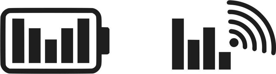 Battery Level & Wifi Signal Strength Icons: Black & White Vector Graph